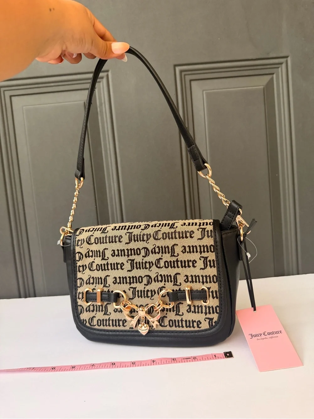 Juicy Couture Black & Beige Logo Canvas Shoulder Bag with Gold Hardware